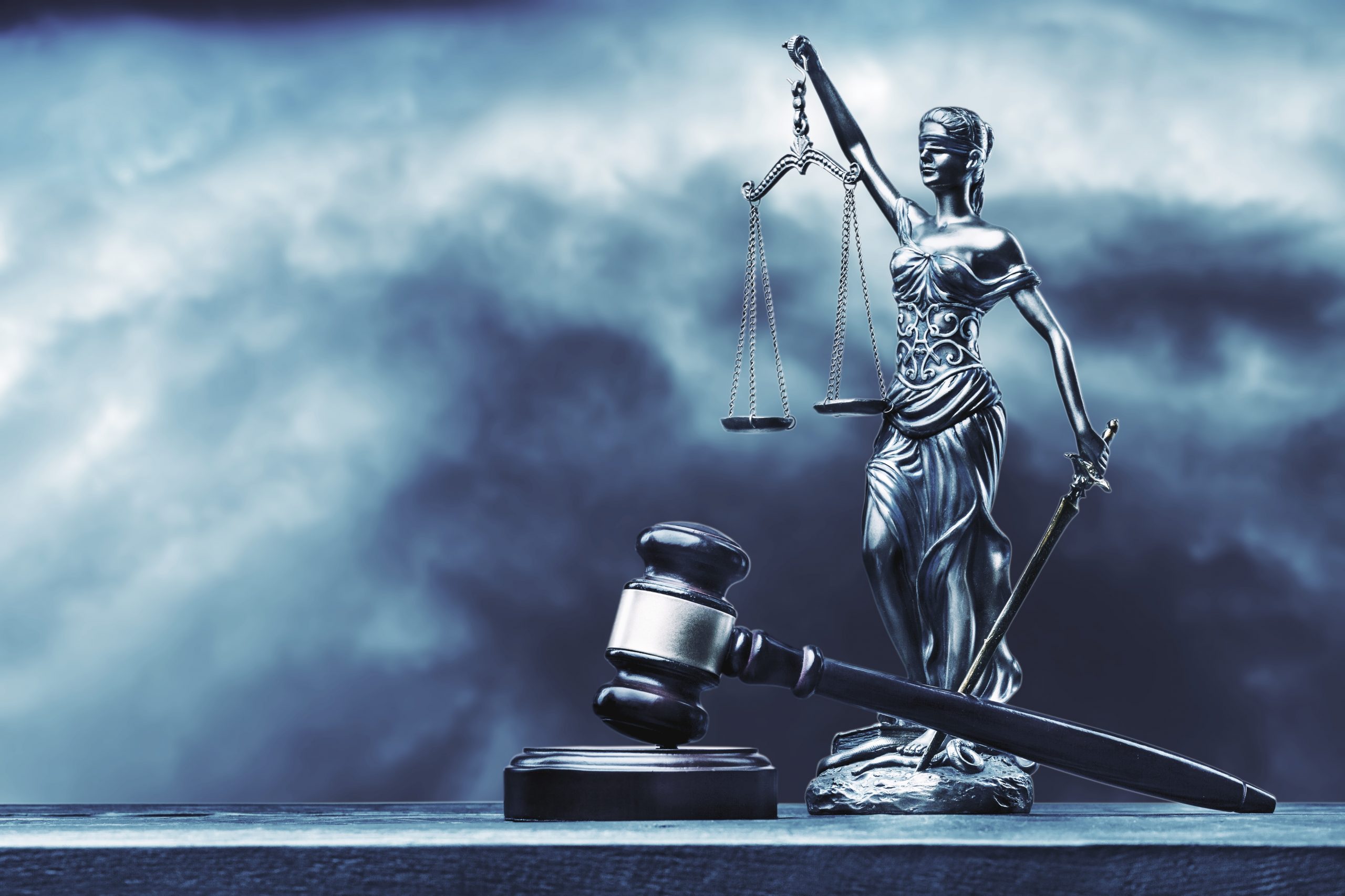 blind justice, gavel and heaven representing the law of the Lord